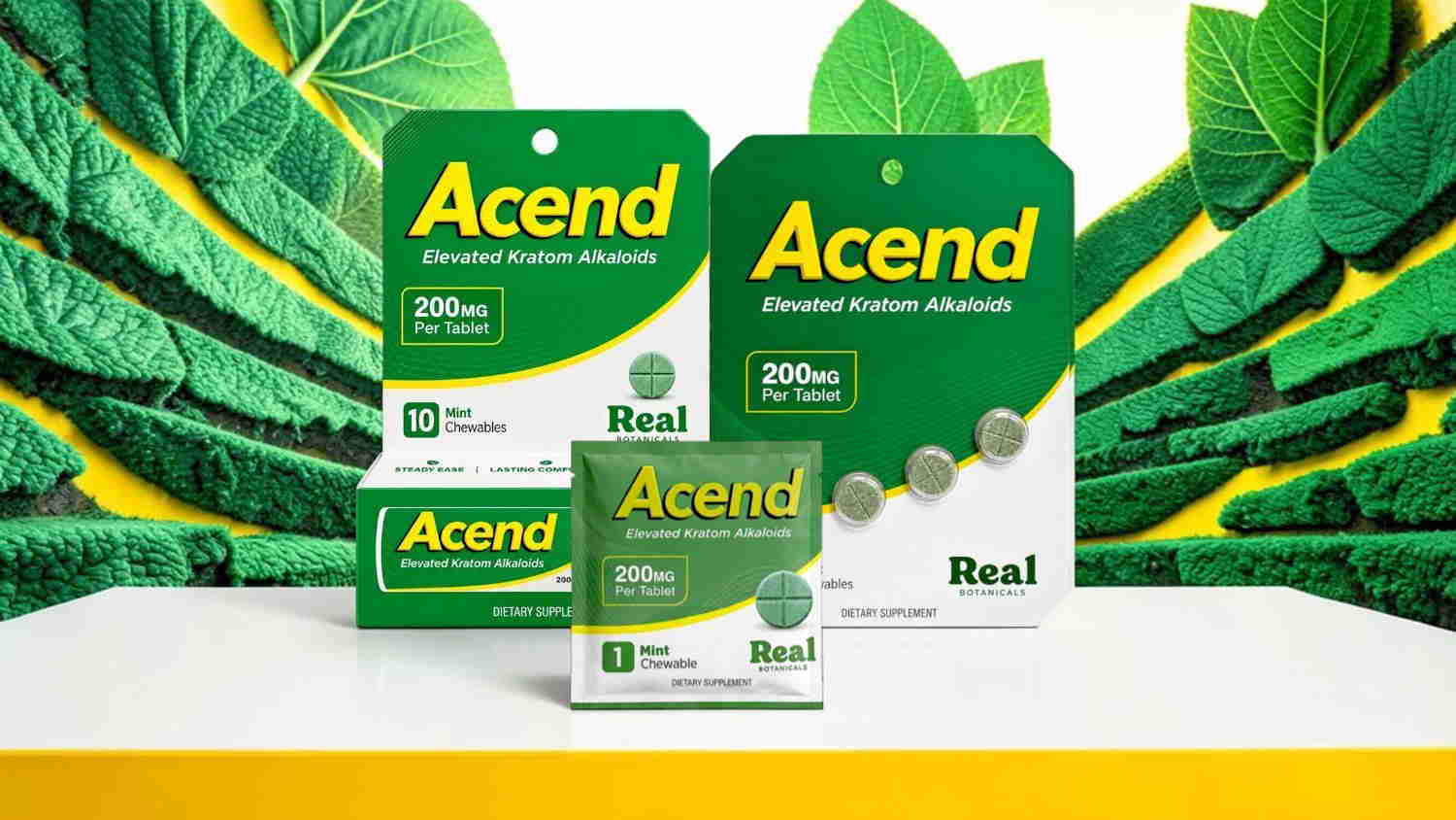 Acend product packaging displayed against a green leaf background.