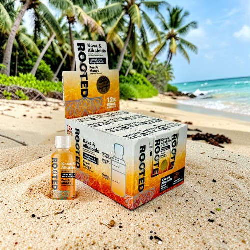 A box and bottle of ROOTED products on a sandy beach.