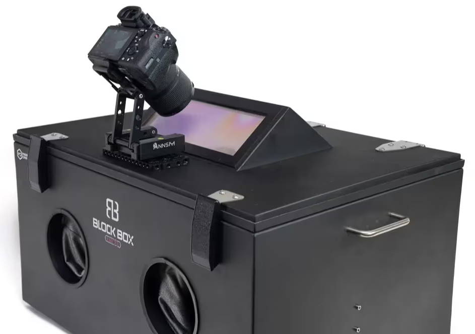 Mission Darkness BlockBox Lab XL forensic box faraday cage with digital camera mounted to lid transparent window