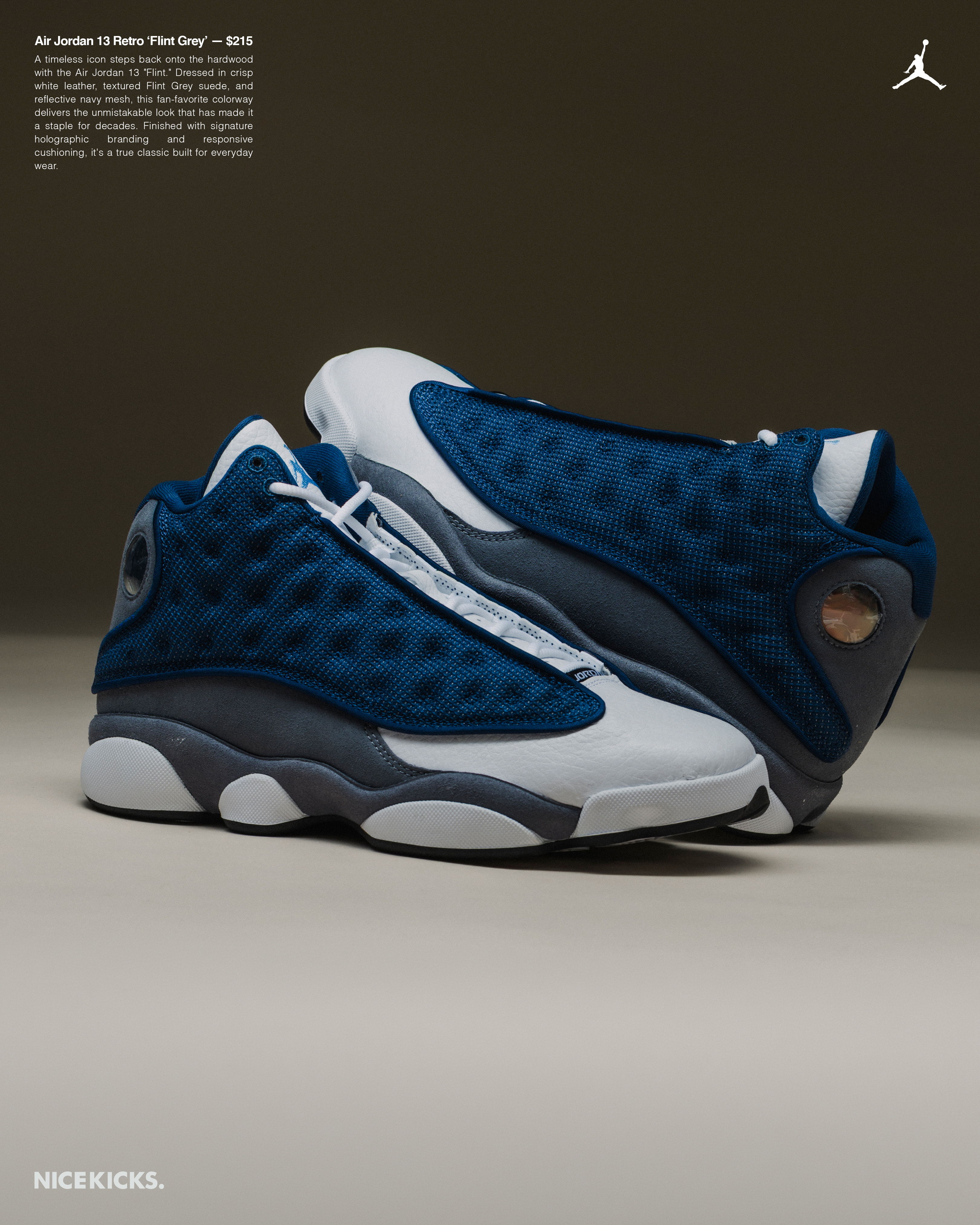 A pair of blue and white Air Jordan 13 sneakers.