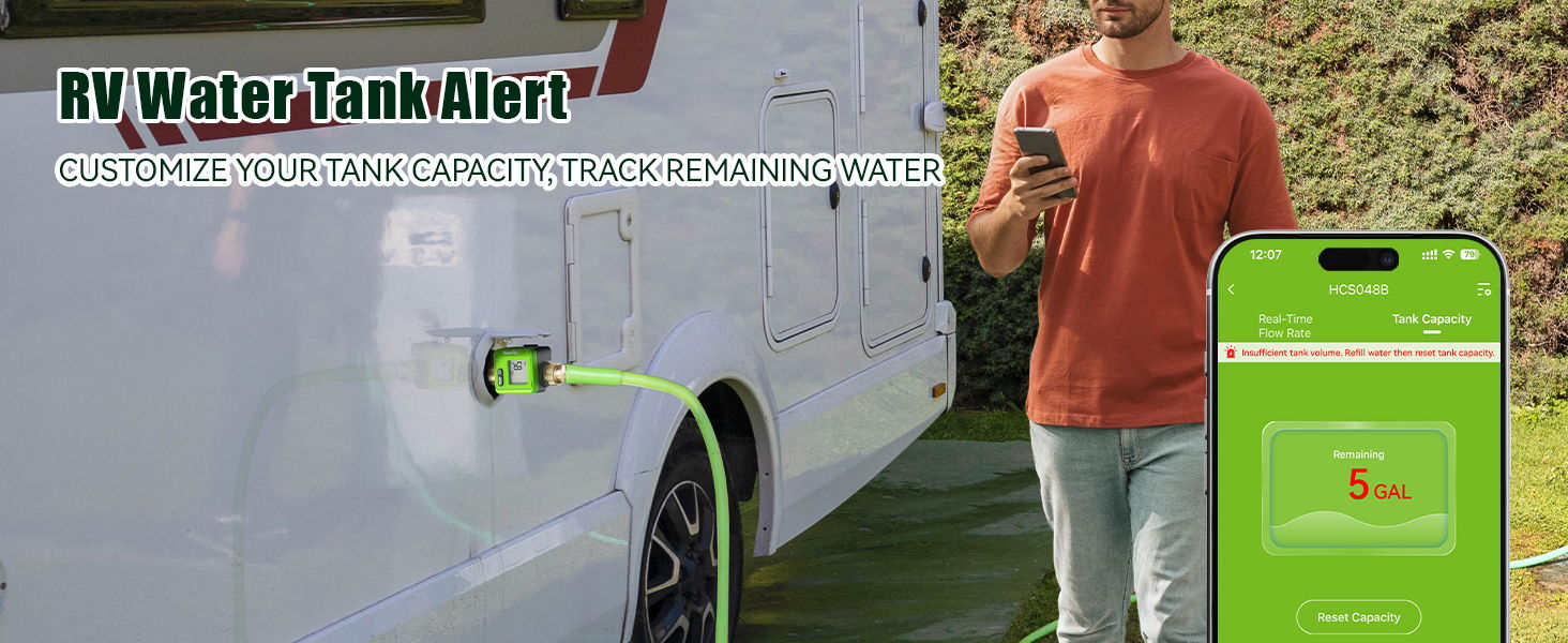 Man using RV water sensor with smartphone app.