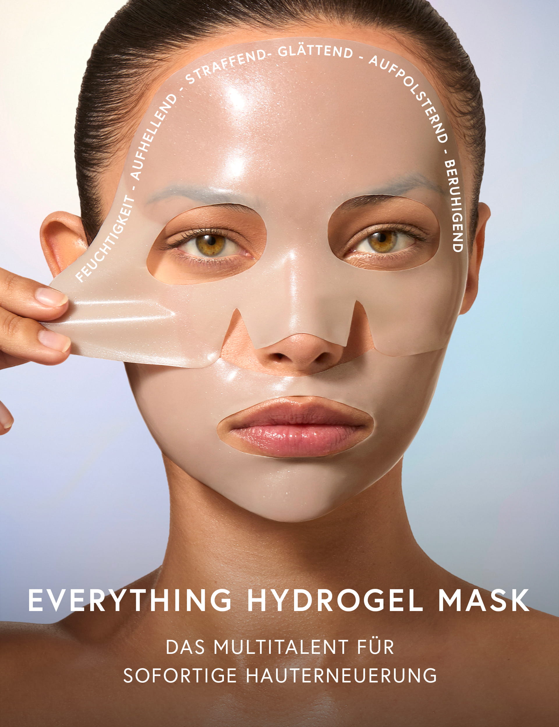 Woman applying a hydrogel mask to her face. Text displayed below.