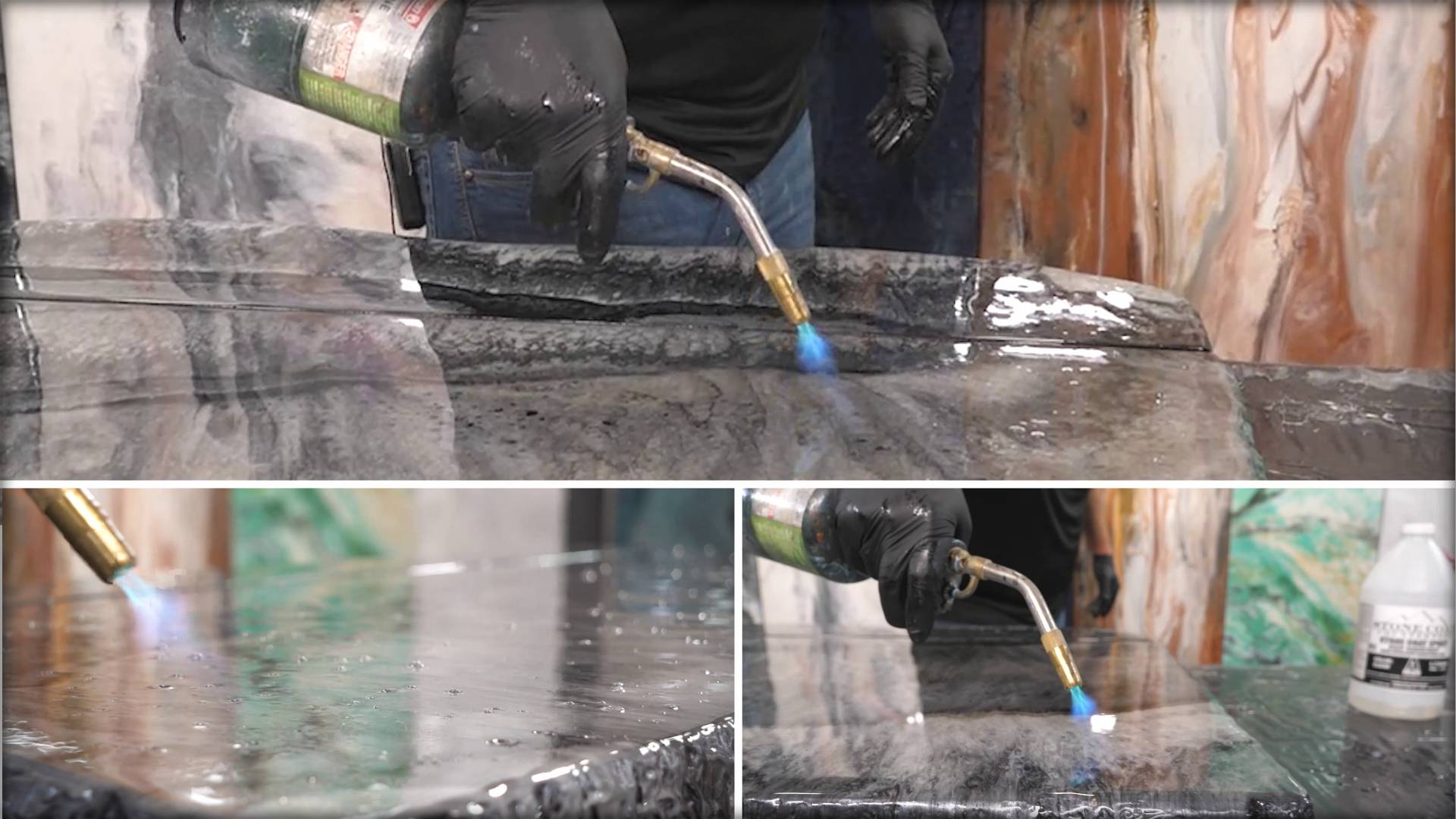Step 4 of a DIY project: Using a propane torch to remove air bubbles from epoxy