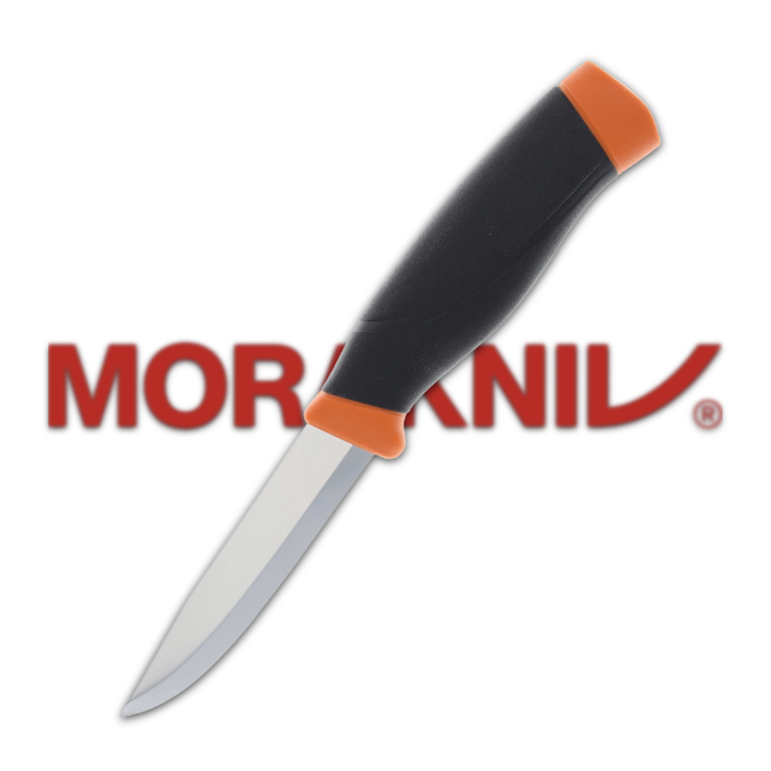 Knife with a black and orange handle, featuring the Morakniv logo.
