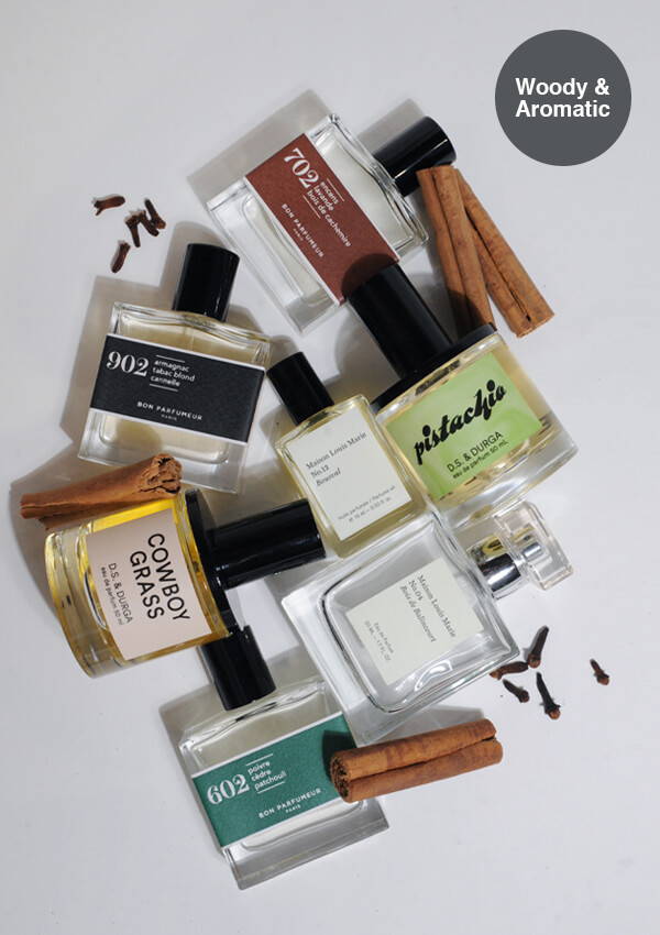 A styled flat lay image of multiple woody and aromatic fragrances by D.S. & Durga, Maison Louis Marie and Bon Parfumeur amongst fresh spices.