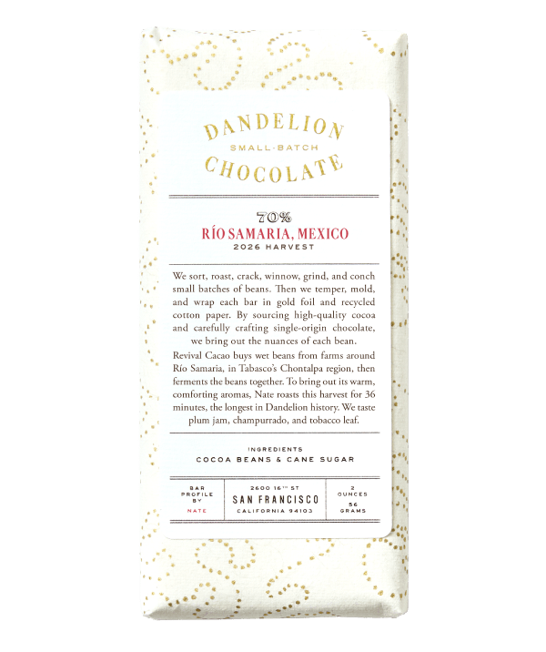 Dandelion Chocolate bar packaging from Río Samaná, Mexico.
