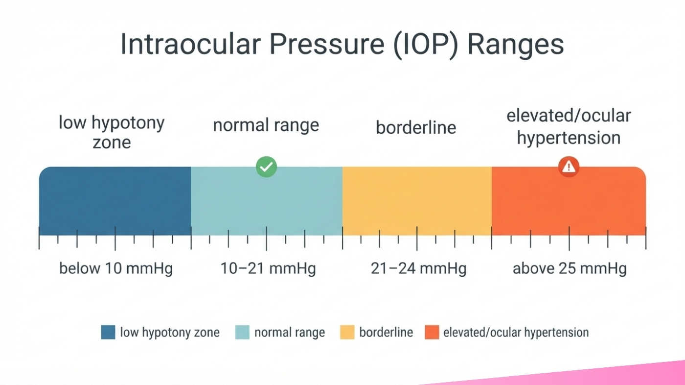 Infographic showing intraocular eye pressure ranges from normal to elevated, measured in mmHg