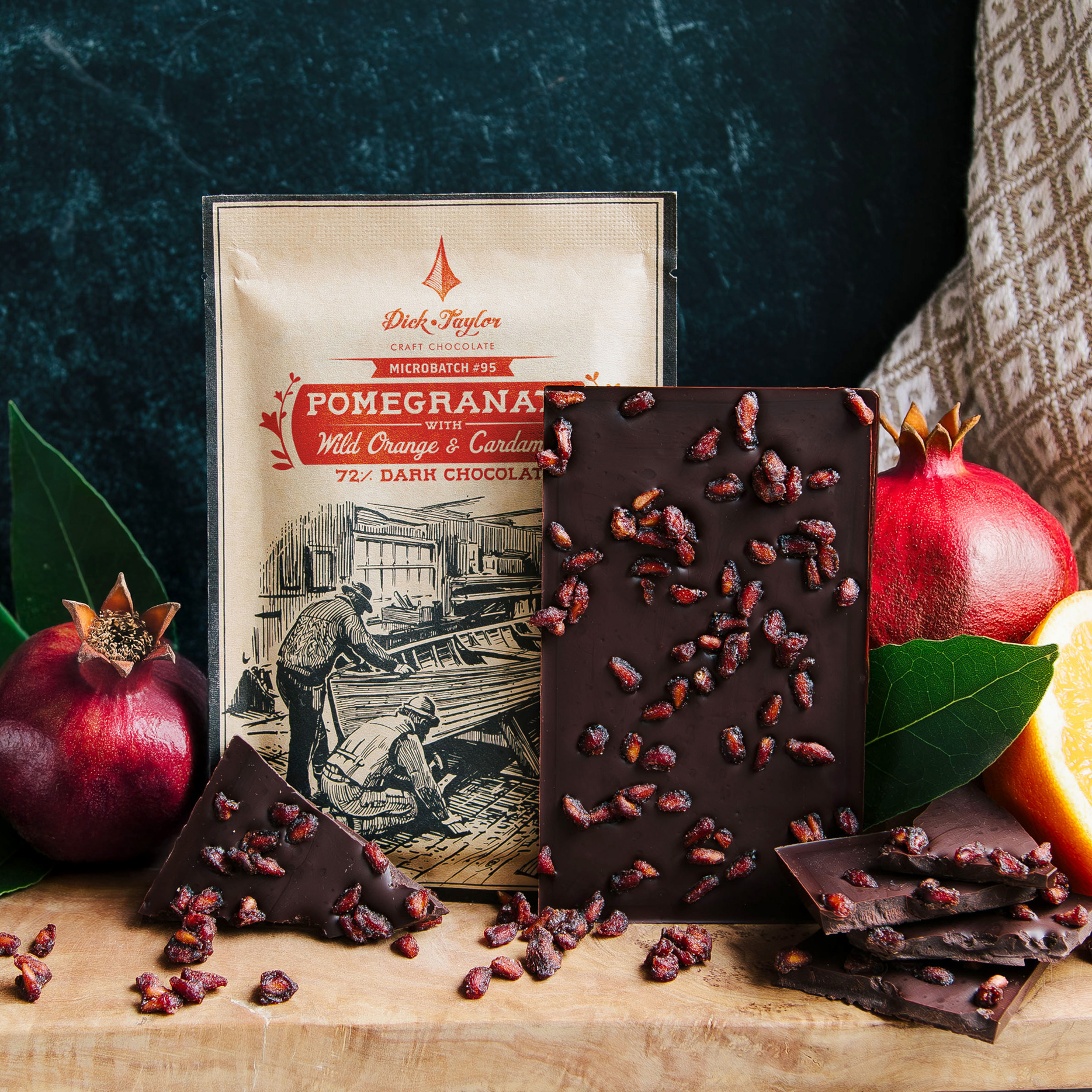 Microbatch monthly dark chocolate bar with dried pomegranate on the back