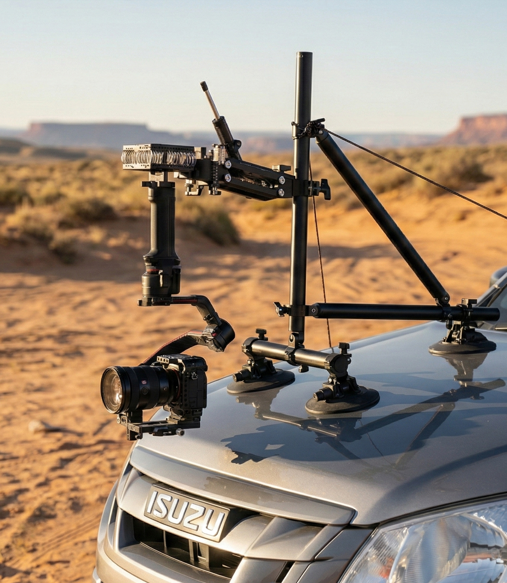Camera rig mounted on a car hood in a desert setting.