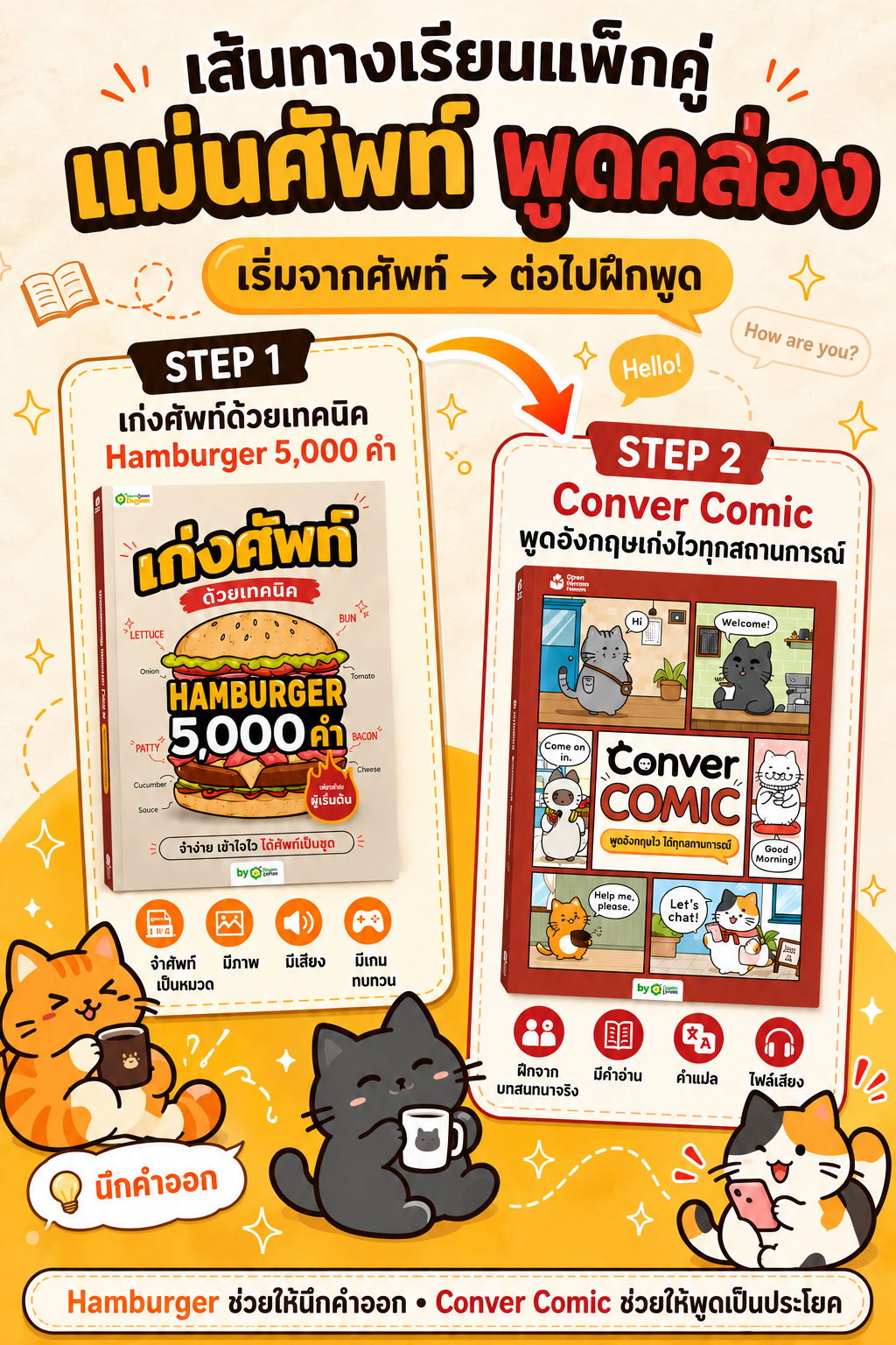 Promotional image for a language learning program featuring hamburgers and comics.