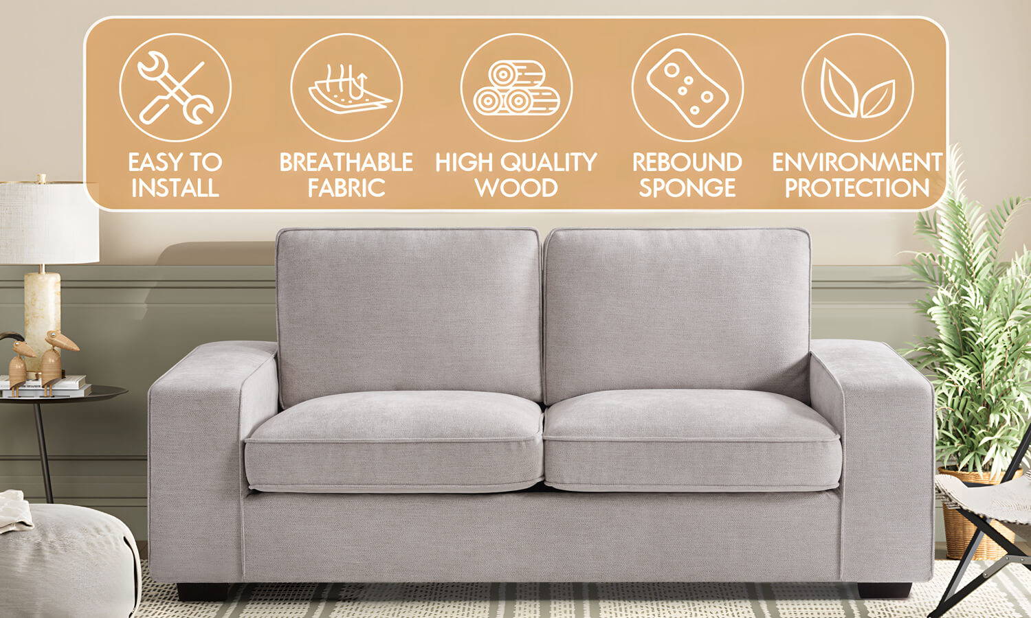ASJMREYE Fabric Sofa With Solid Wood Frame, Removable Back Cushion And Easy, Tool-Free Assembly
