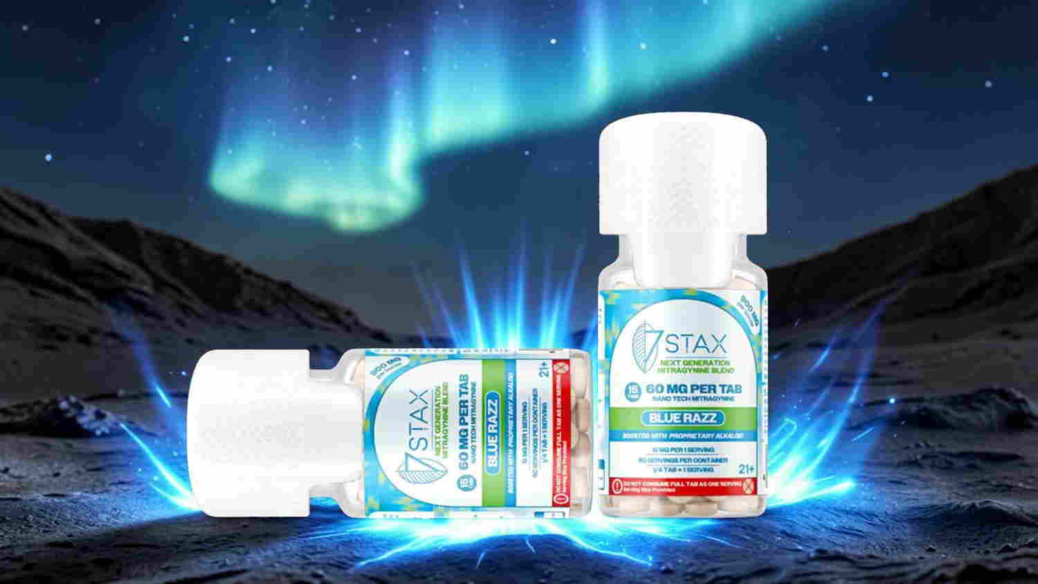 Two bottles of skincare products with a colorful aurora backdrop.
