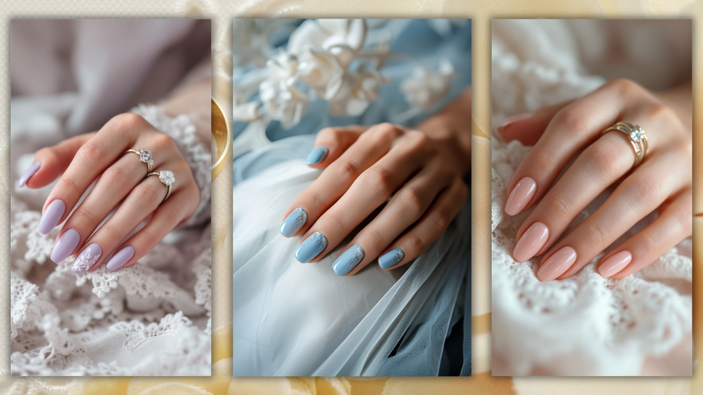 Close-up of bridal manicure in soft pastel nail shades for a personalized and romantic wedding look