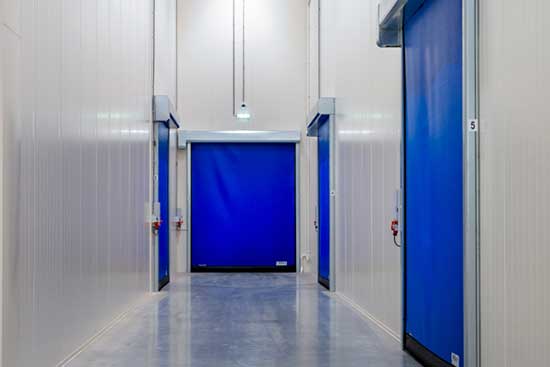 A hallway with blue doors and white walls.