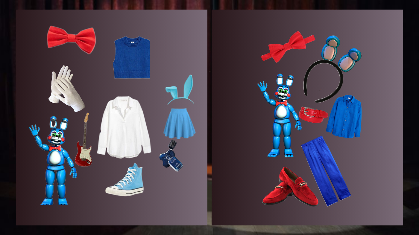 Toy Bonnie cosplay costume featuring electric blue bodysuit, red bowtie, white chest panel, and animatronic bunny-inspired design elements for Five Nights at Freddy’s character outfit concept
