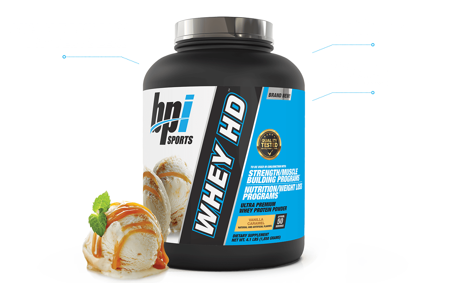 Container of Whey HD with benefits and a photo of vanilla ice cream with caramel drizzle and mint leaf