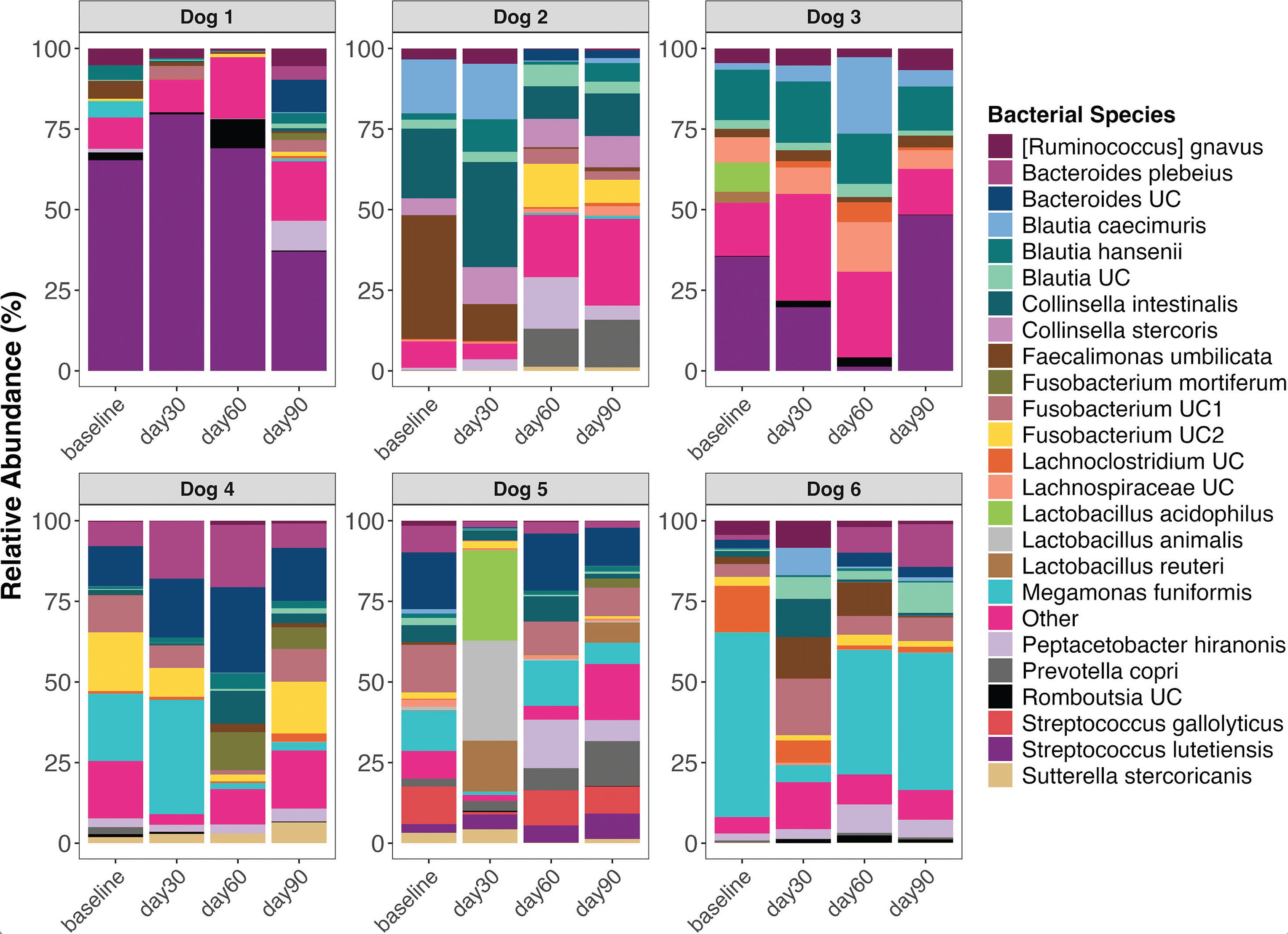 Bar charts showing bacterial species composition across different samples and stages.