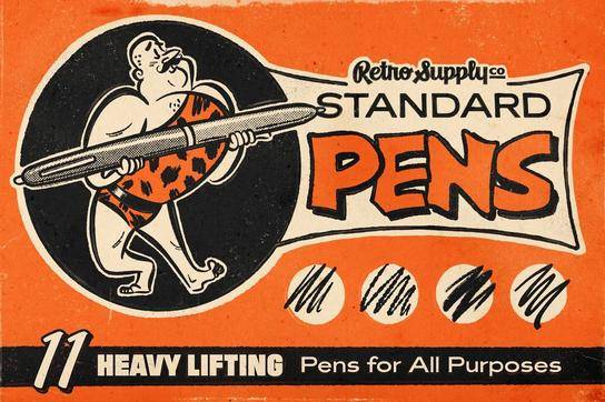 A body builder holding a giant pen. Text reads RetroSupply Co. Standard Pens. 11 heavy lifting pens for all purposes.