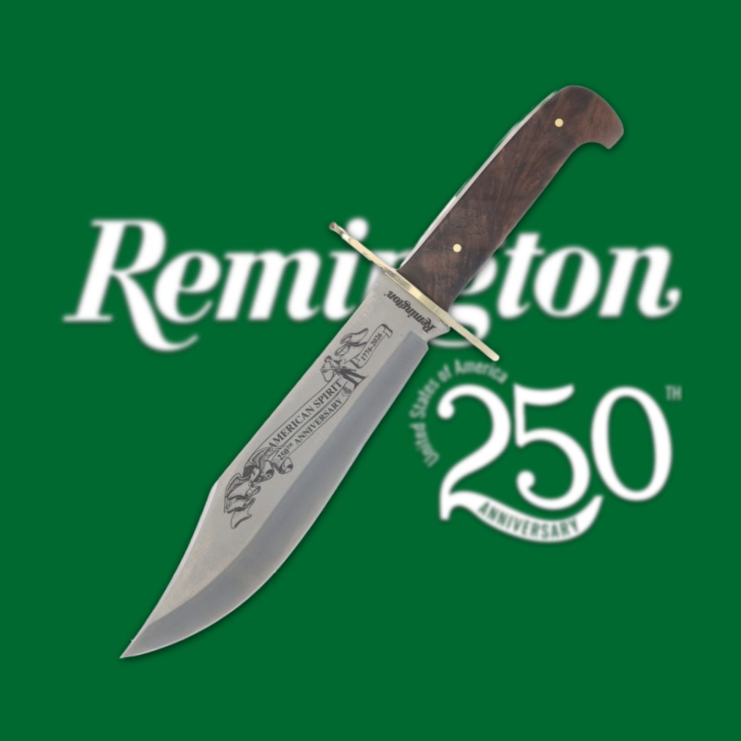 A knife with a wooden handle on a green background featuring Remington logo.
