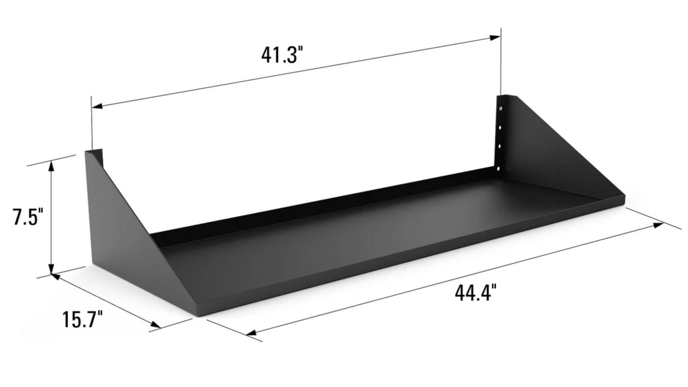 Black metal shelf with dimensions labeled.