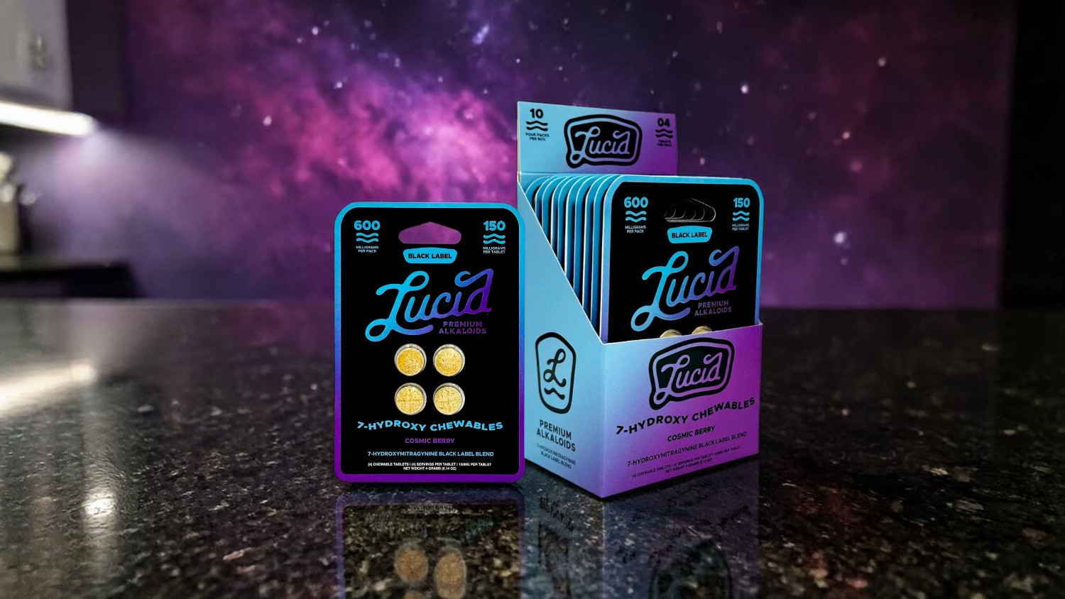 Packaging of a product with colorful design on a reflective surface.