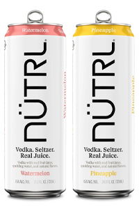 Two cans of NÜTRL flavored vodka seltzer: Watermelon and Pineapple.