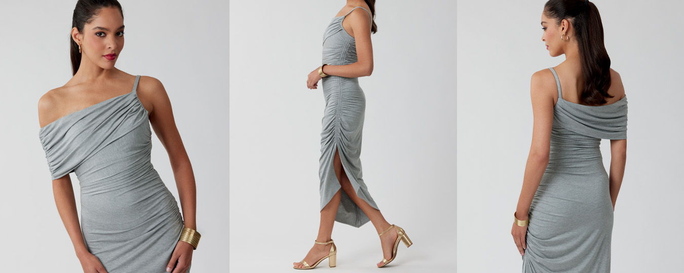 Model wearing a gray off-shoulder dress from multiple angles.
