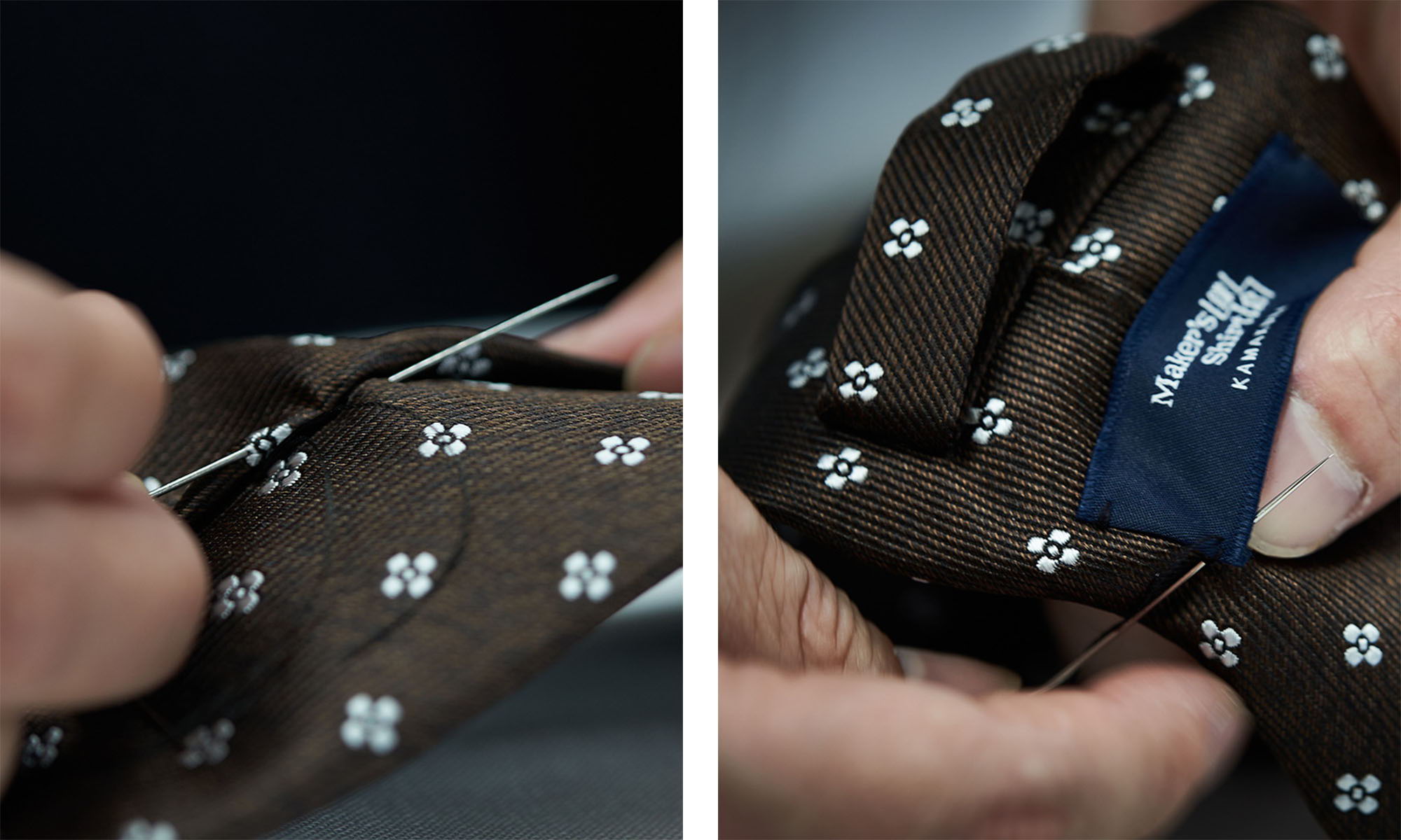 Person sewing a brown tie with white patterns.