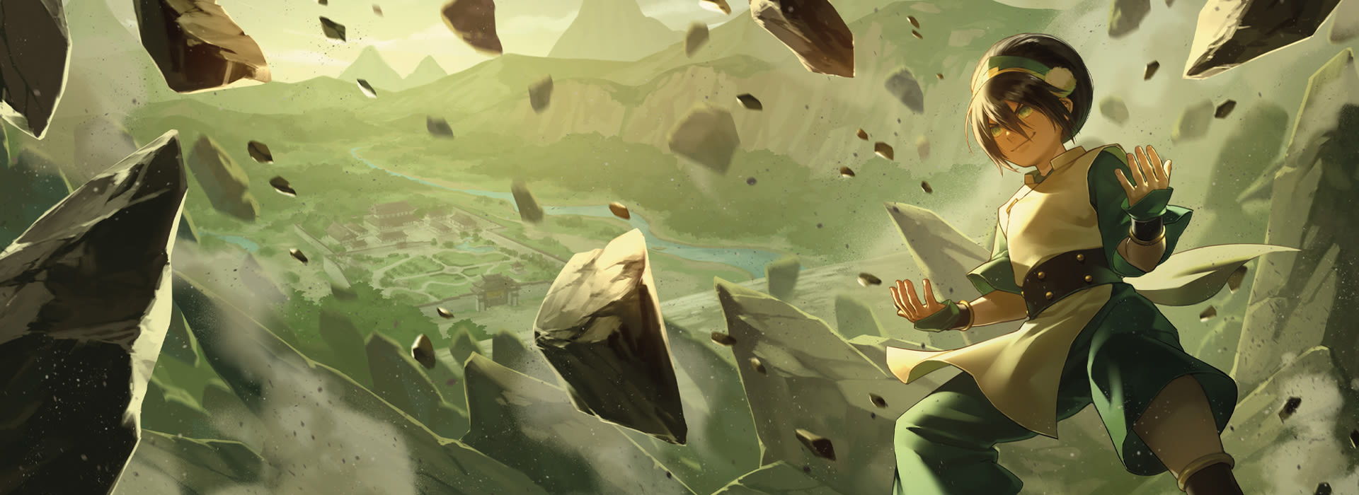MTG Avatar - Hidden card gems - A young character from MTG Avatar The Last Airbender Release amidst flying rocks and a mystical landscape.