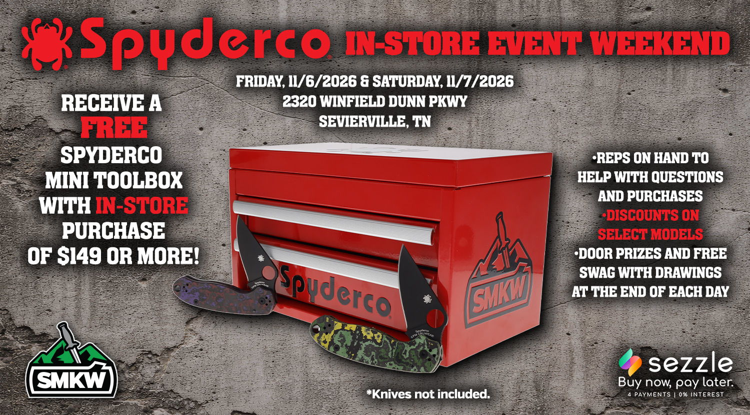 Spyderco in-store event advertisement with promotional offers and details.