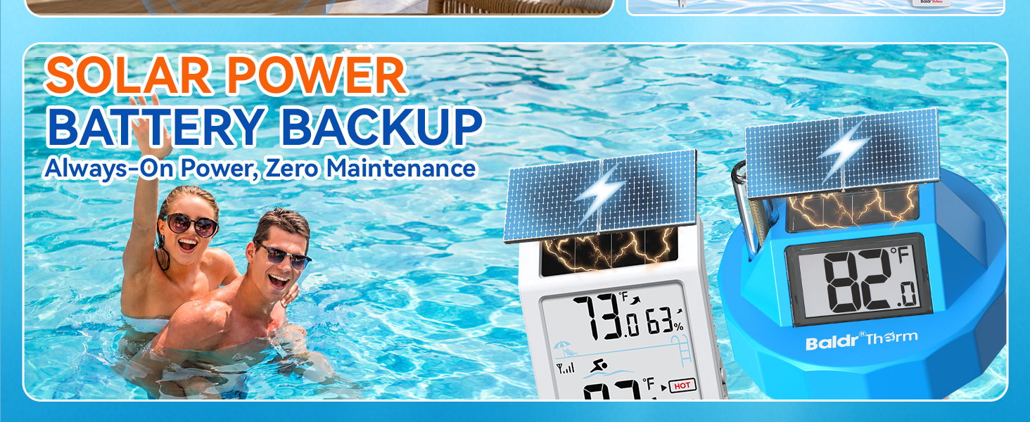 Two people by a pool with solar power battery backup devices.