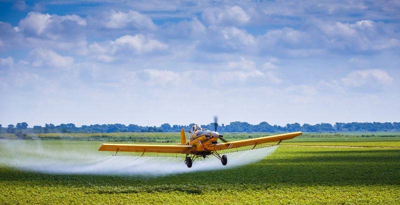 Plane spraying pesticide on field. 