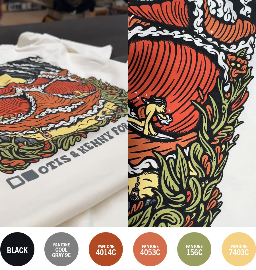 A PMS spot colour screen printed stylized design by the artist kentaro for beerfarm shown on a folded cream tshirt and in a close up of a man surfing a giant red and orange wave with white foam and decorative green seaweed detail. The 6 pantone colours used for the print are shown below on correpsonding coloured circles. Black, pantone cool gray 9c, pantone 4014c, pantone 4053c, pantone 156c, pantone 7403c.