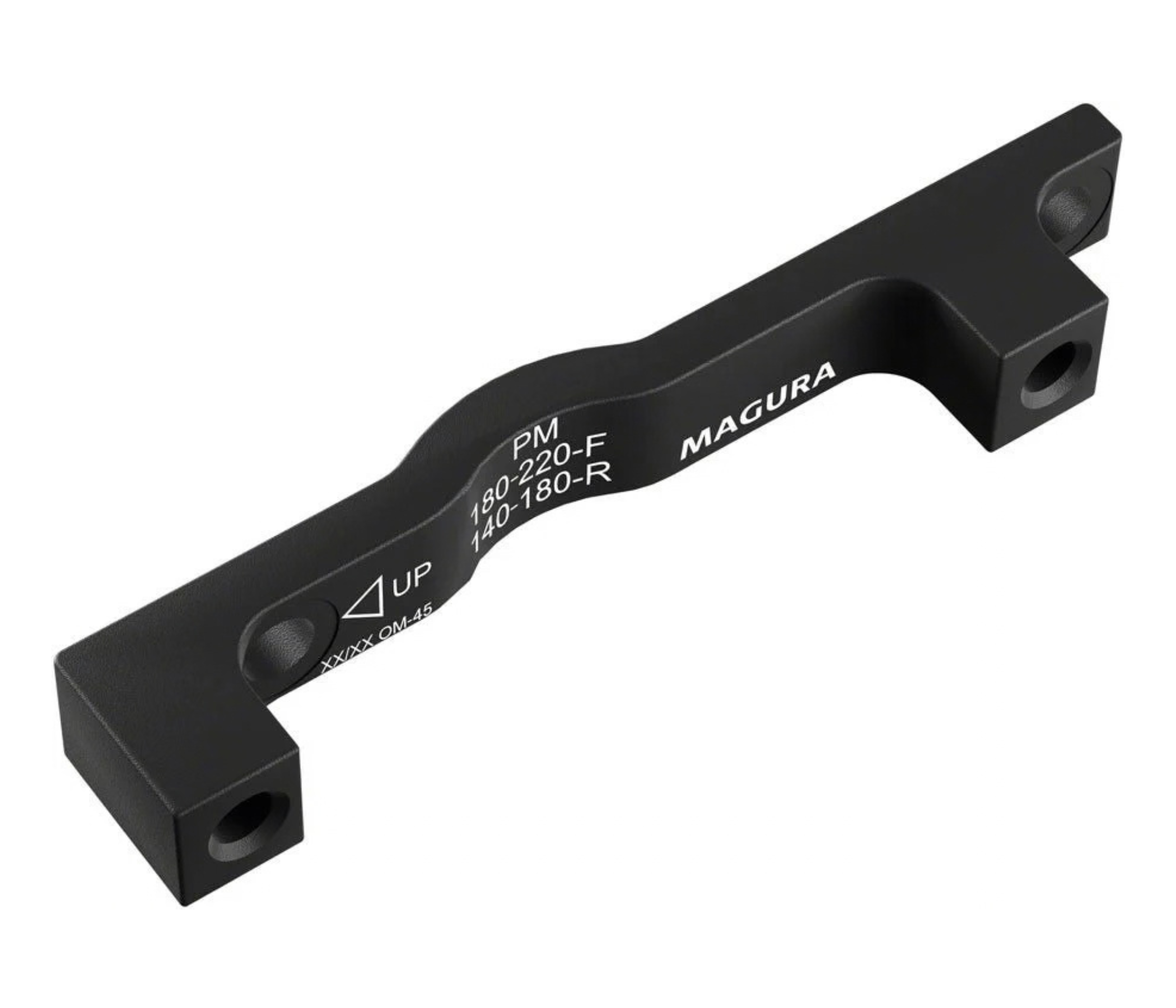 Black bicycle brake adapter with engraved markings and two mounting holes.