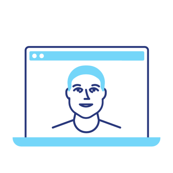 Line art icon of a person's face displayed on a laptop screen, representing the artisan behind every pair of custom boots.