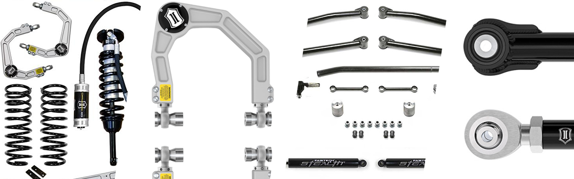 Photo collage of various types of control arms and suspension linkage.