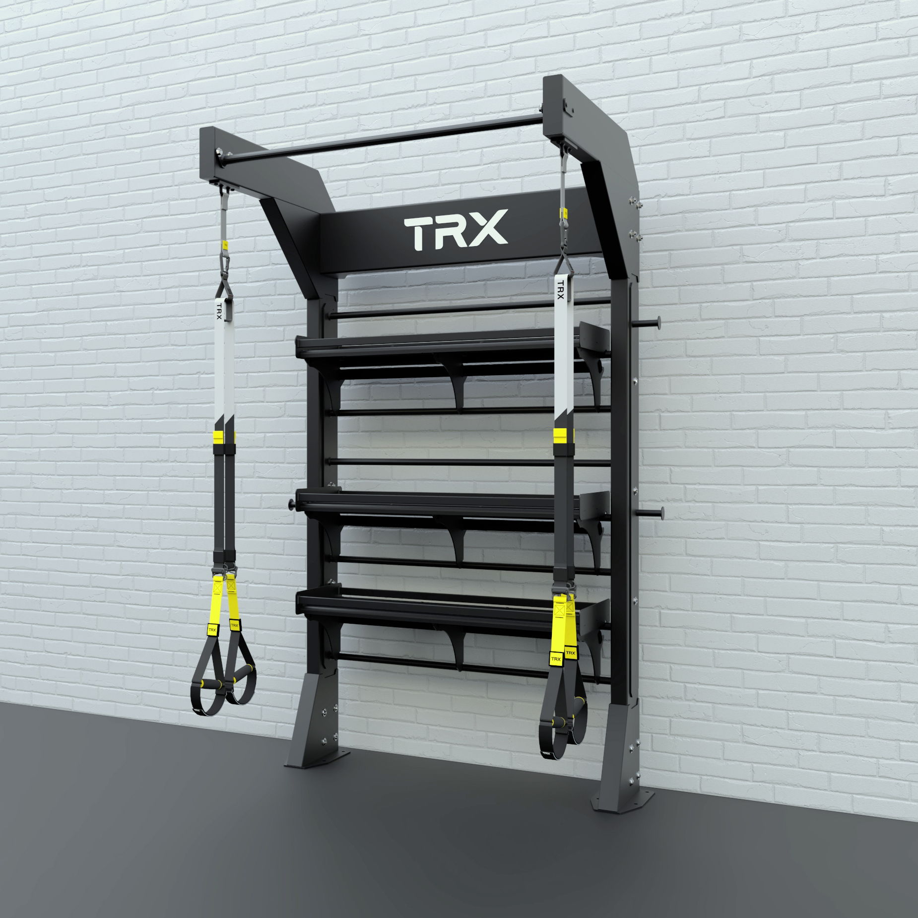TRX suspension training equipment mounted on a wall with storage shelves.