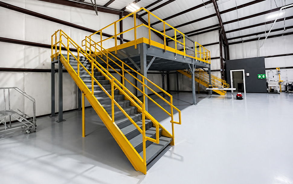 Yellow metal stairs and platform in a spacious industrial building.