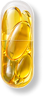 Yellow gelatin capsule with multiple oil-filled spheres inside.