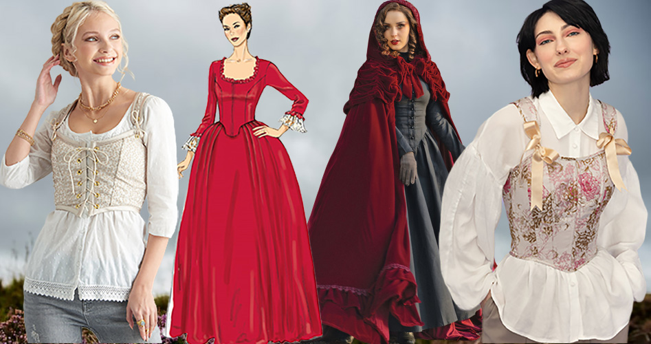 Four women in different historical and fantasy-themed outfits.