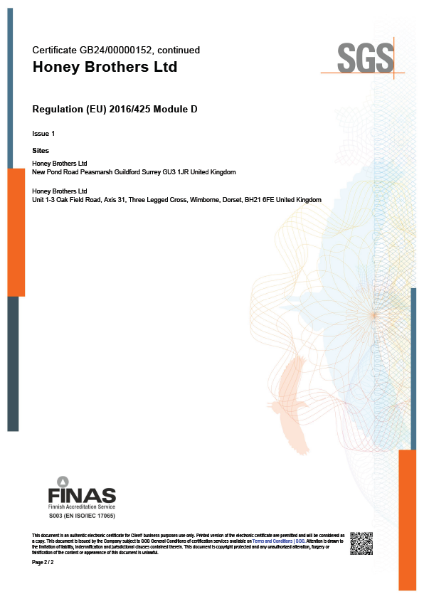 Certificate document for Honey Brothers Ltd, including registration details and contact information.