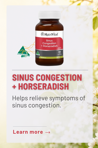 Sinus Congestion + Horseradish supplement bottle with congestion relief information.