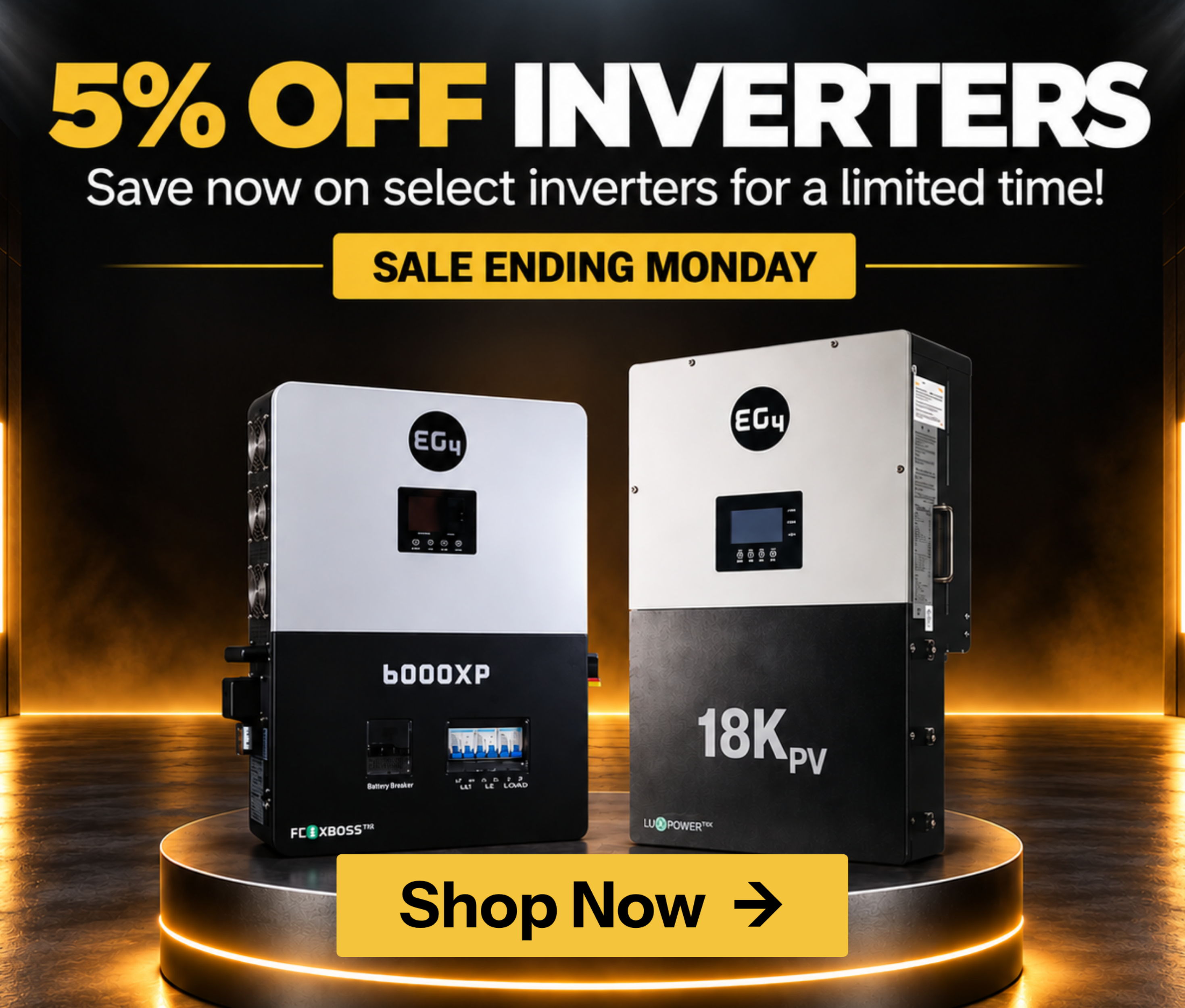 Promotional image for 5% off select inverters sale ending Monday.