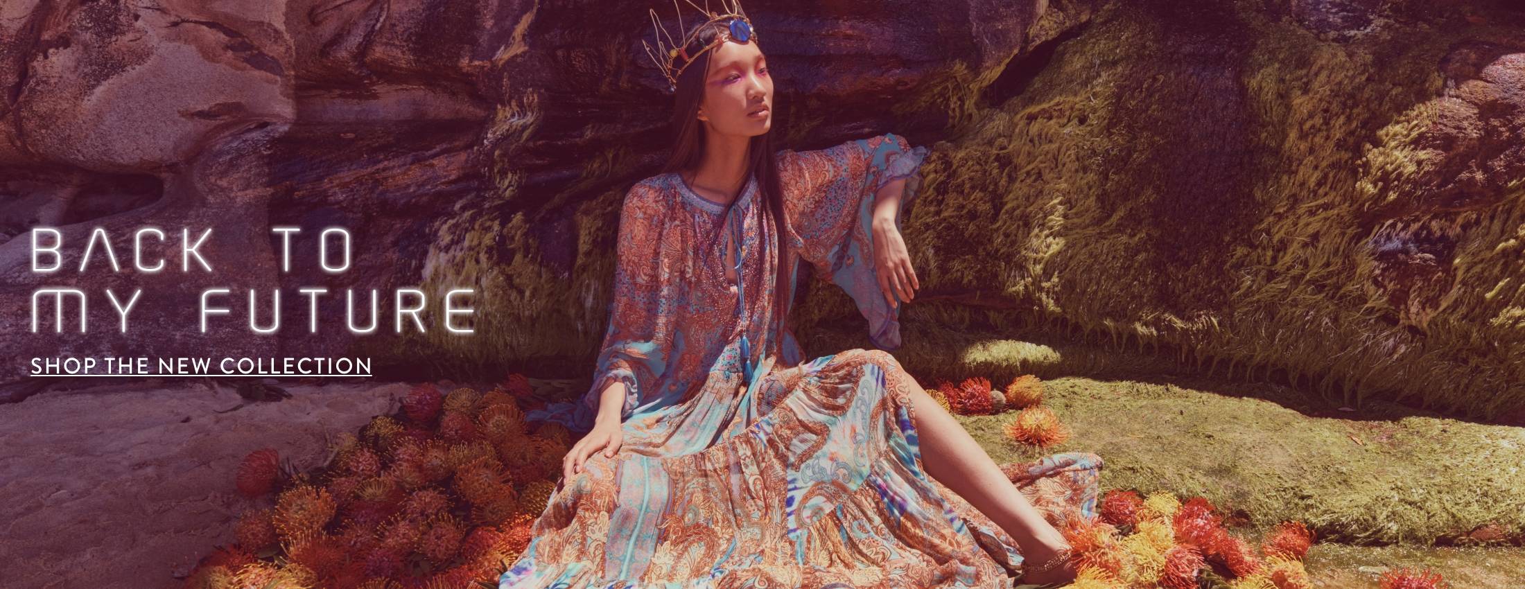 CAMILLA Back to my future new arrivals shop the new collection model wearing crown with orange and blue paisley print maxi dress