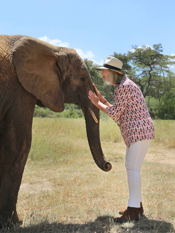 Sylvie Chantecaille with an elephant in Africa