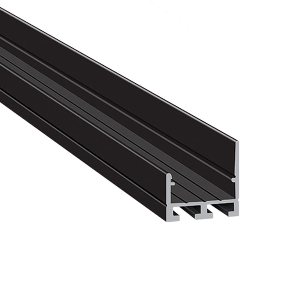 Black aluminum channel profile with a U-shaped cross-section.