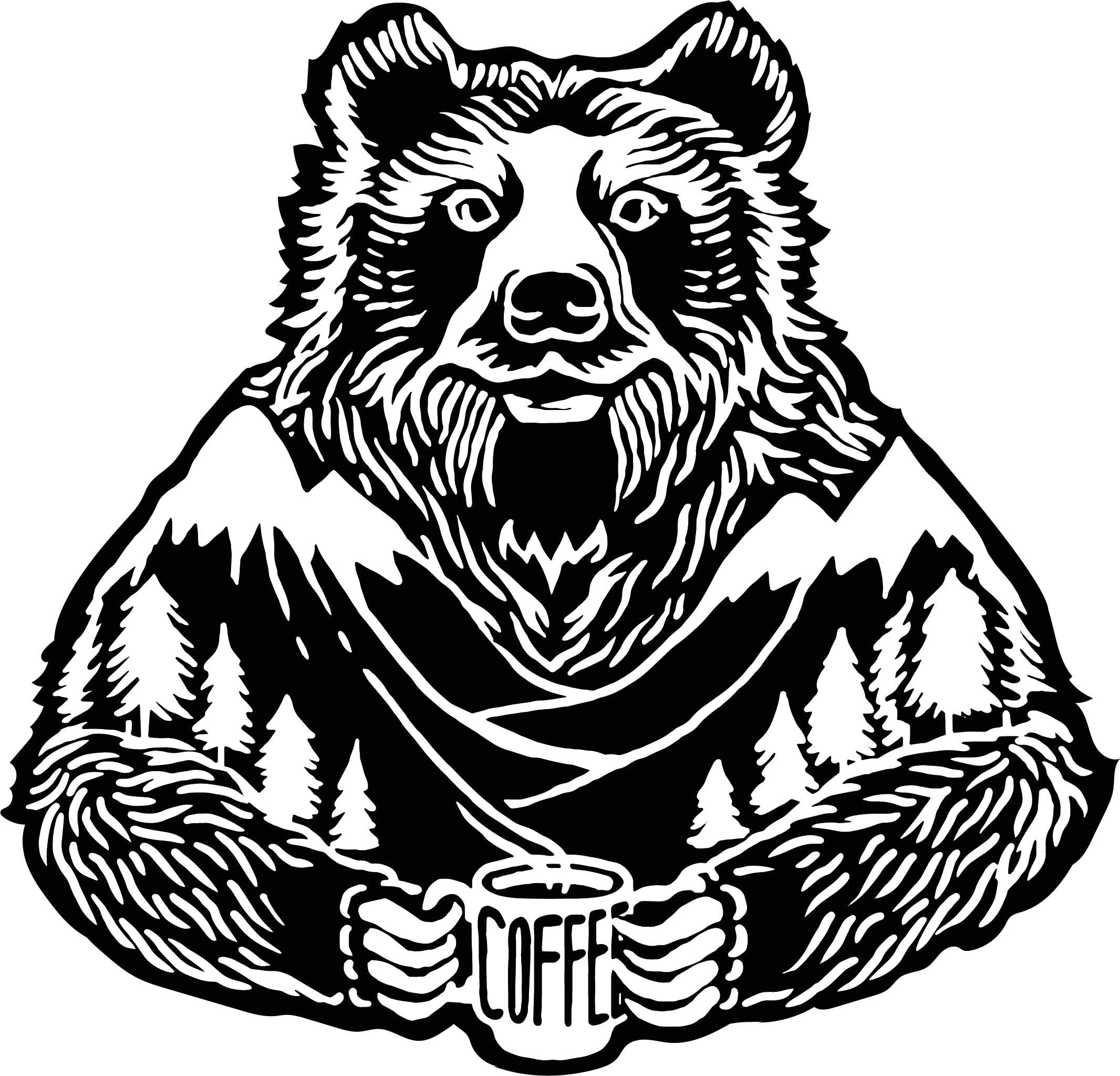 Illustration of the torso of a grizzly bear holding a cup of coffee as if sitting across the table from you. Illustrated within the arms and chest of the bear is a mountain scene with trees.