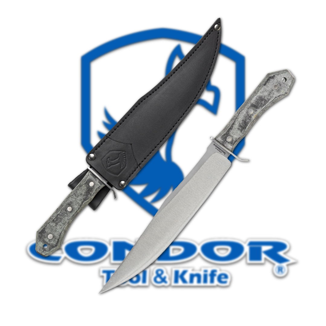 A knife with a sheath next to the Condor Tool & Knife logo.