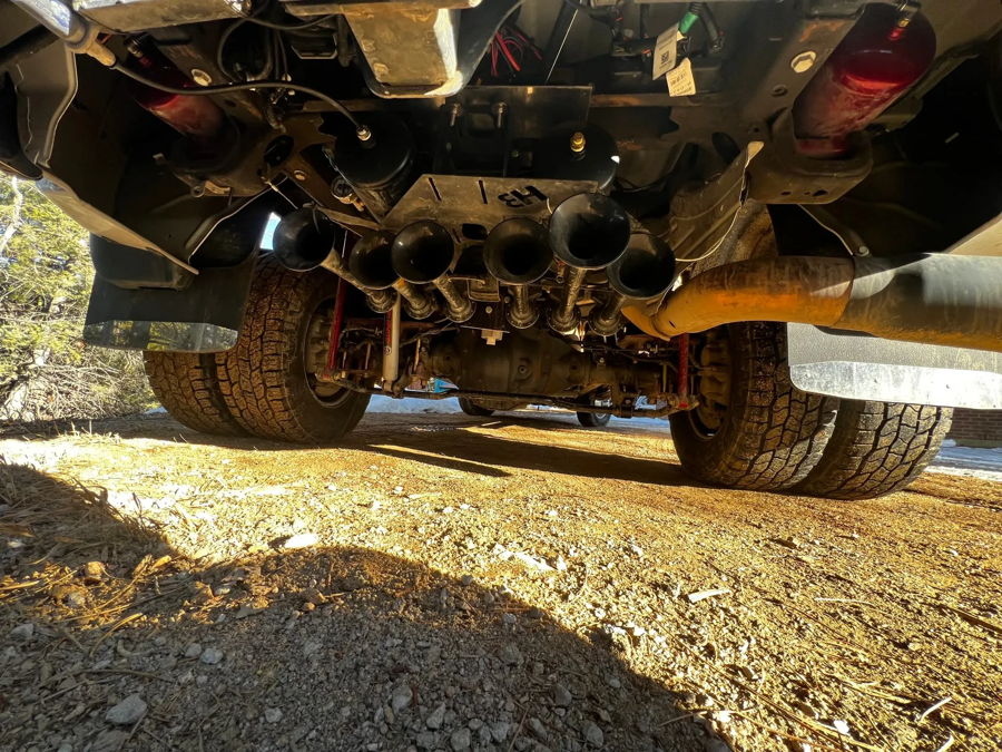 Train horn bells or S6 horn upgrade manifold mounted in spare tire delete on 2023 GMC Sierra 3500 HornBlasters Conductor's Special 244K, gallery photo 2