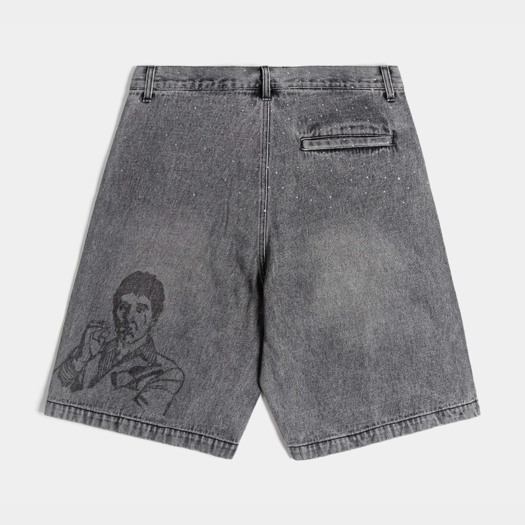 Gray denim shorts with world graphic and 